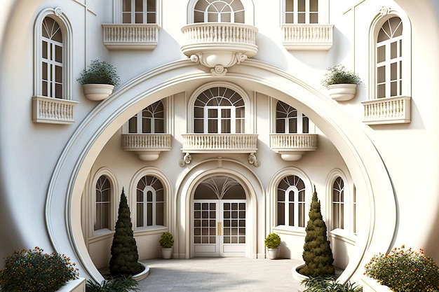 사진 아메리칸 스타일 하우스 외관에 아름다운 아치형 통로가 있는 흰색 아파트 건물