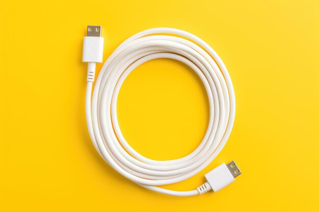 White apple lightning to usb c cable coiled on yellow backdrop