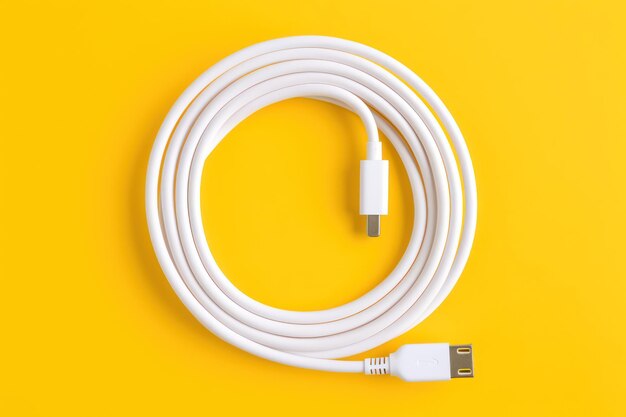 White apple lightning to usb c cable coiled on yellow backdrop