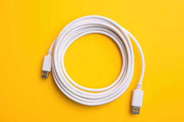 White apple lightning to usb c cable coiled on yellow backdrop