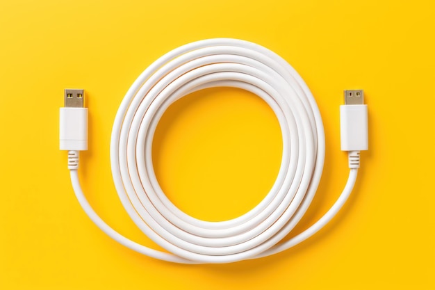 White Apple lightning to USB C cable coiled on yellow backdrop