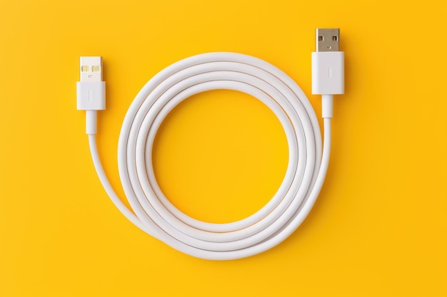 White Apple lightning to USB C cable coiled on yellow backdrop