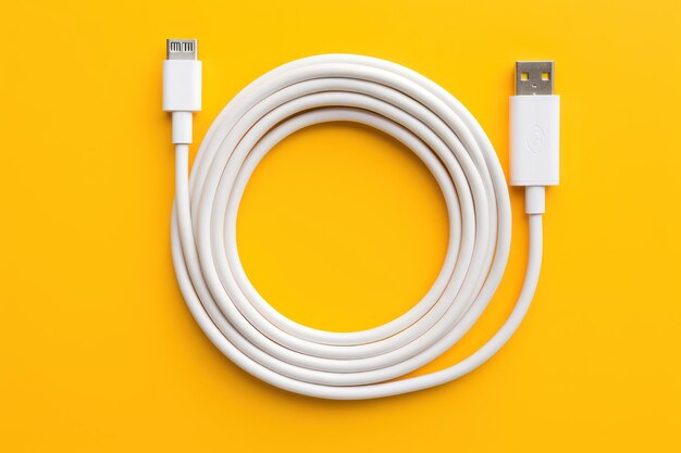 White apple lightning to usb c cable coiled on yellow backdrop