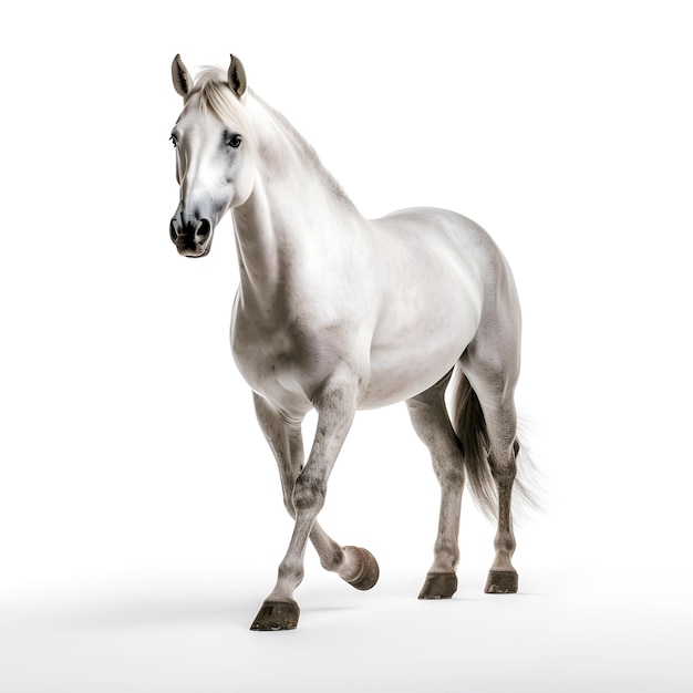 White Arabian horse in motion on a white background isolated object