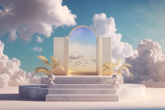 White arch entrance on marble display stage with golden plants on blue cloudy sky background Created with Generative AI technology