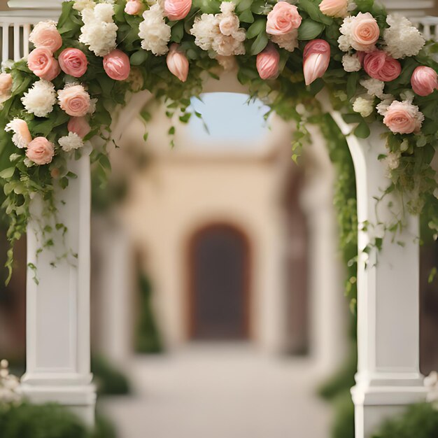 a white arch with pink and white roses on it