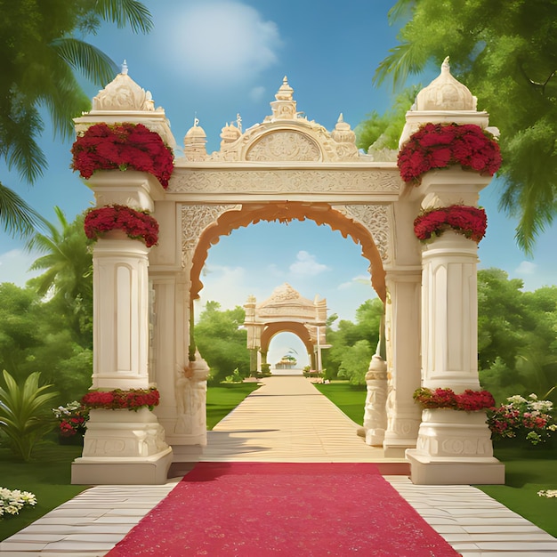 Photo a white arch with red flowers and a red carpet