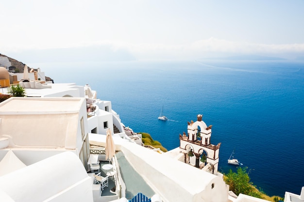 White architecture and blue sea on Santorini island, Greece. Famous travel destination