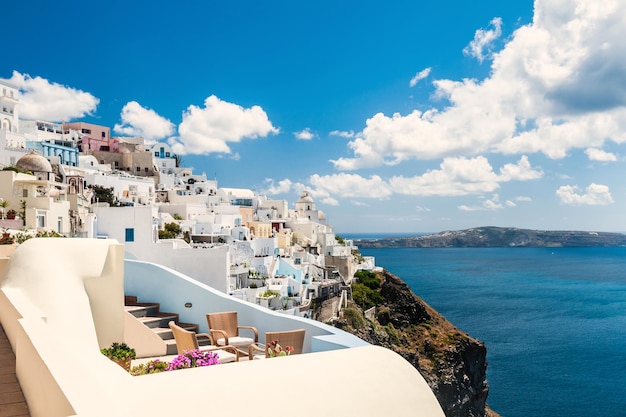 White architecture on Santorini island, Greece. Beautiful landscape with sea view