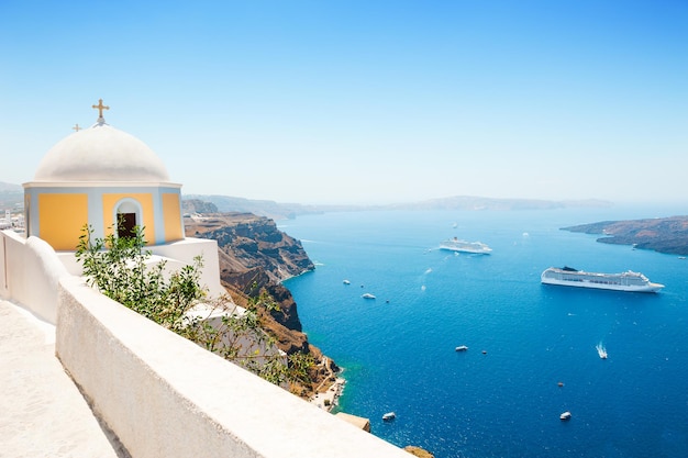 White architecture on Santorini island, Greece. Beautiful summer landscape, sea view.