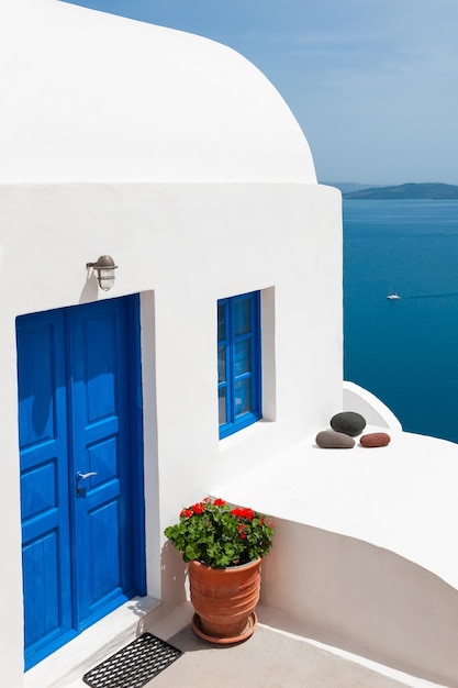 White architecture in Santorini island Greece Beautiful terrace with sea view