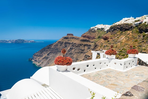 White architecture on Santorini island, Greece. Beautiful view on the sea