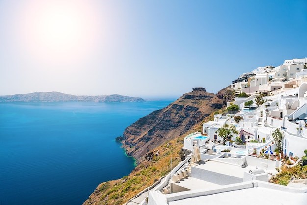 White architecture on Santorini island, Greece. Beautiful view on the sea