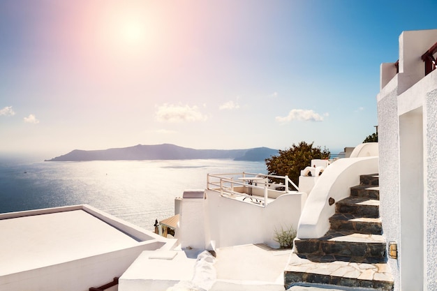 White architecture on Santorini island, Greece. Summer landscape, sea view. Famous travel destination