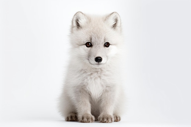 A white arctic fox sits on a white background