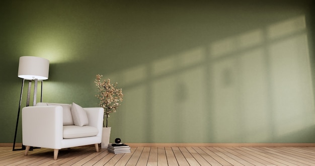 Photo white armchair and decorations plant in a room green modern minimalist style.3d rendering