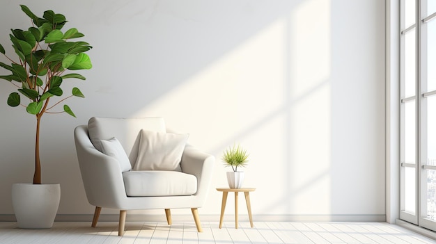 A white armchair near a large window against a white wall Stylish interior design