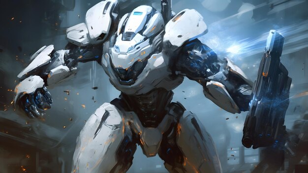 White armored heavy space robot in battle