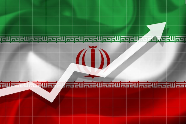 Photo white arrow growth up on the background of the flag of the iran