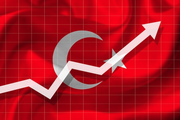 White arrow growth up on the background of the flag of the Turkey