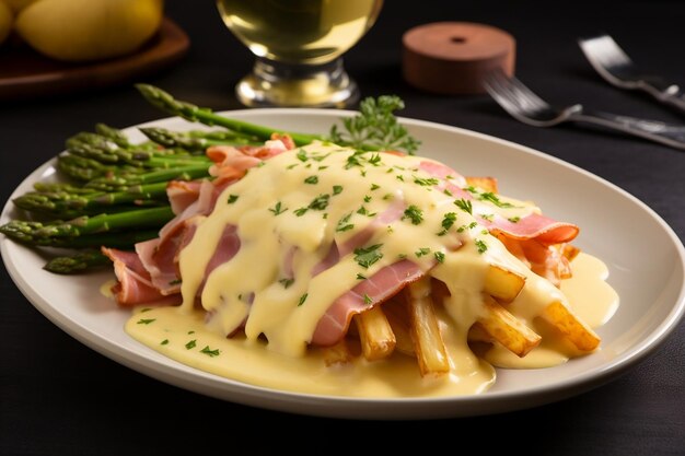 White Asparagus Dish with Potatoes and Ham on a Plate Culinary Delight Generative Ai