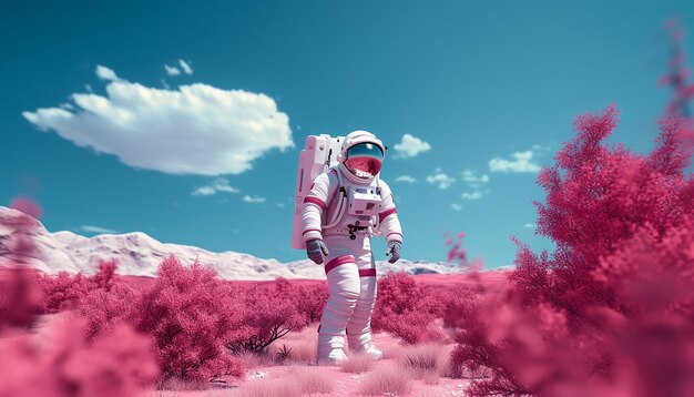 A white astronaut walking in the pink planet far out