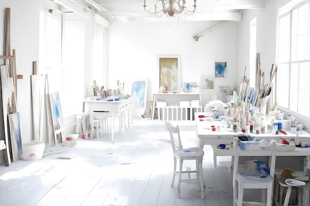 White atelier A painter or artist atelier craft room with white interior Generative AI