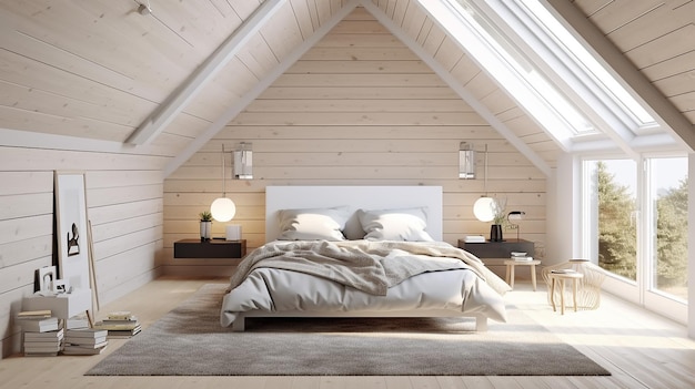 Белая мансардная спальня с деревянным потолком и белой стеной Generative AI
