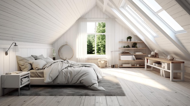 White attic bedroom with a wooden ceiling white wall Generative AI