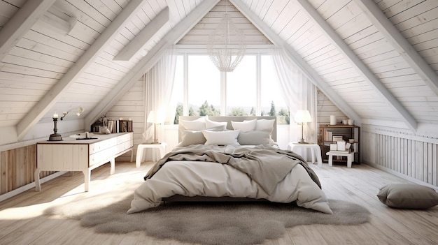 木製の天井と白い壁を持つ白い屋根裏部屋の寝室 生成 AI