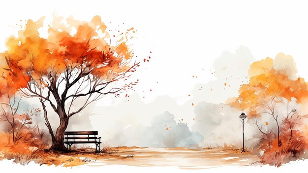 white autumn background bench and lonely yellow tree blank card greeting card flat simple graphics drawing