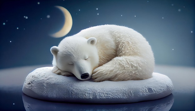 White baby bear sleeping on half moon choldrens stor Al generated