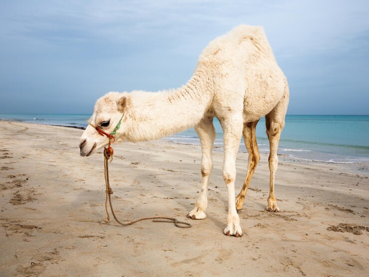 Photo チュニジアのビーチで白い赤ちゃんラクダ