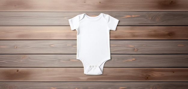 White baby girl or boy bodysuit mockup flat lay on wooden background