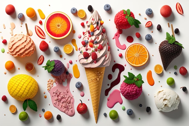 On a white backdrop colorful ice creams and fruits are shown