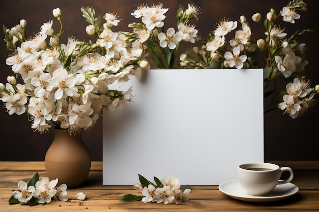 White backdrop embellished with a cup of coffee notepad and flowers