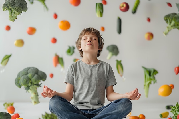 Over a white backdrop a little boy sits in lotus pose with falling veggies all over him healthy boy having health concern and space Generative AI