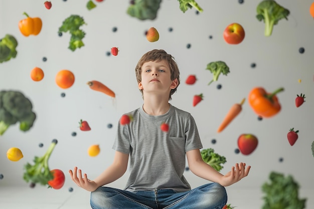 Over a white backdrop a little boy sits in lotus pose with falling veggies all over him healthy boy having health concern and space Generative AI