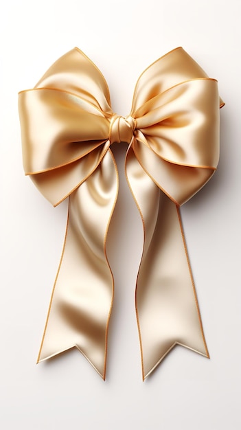 Photo on a white backdrop realisticlooking shimmering satin golden ribbon bow is separated generative ai