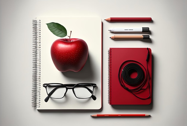 On a white backdrop a red apple headphones laptop spiral notebook and spectacles are displayed