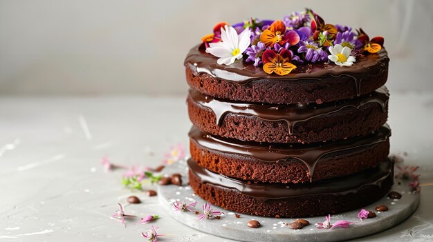 На белом фоне богатый шоколадный торт с тремя слоями, покрытый съедобными цветами и свечами и пространством.