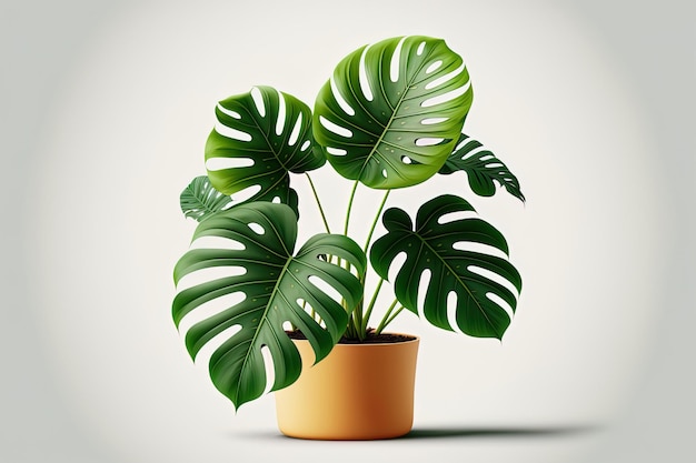 On a white backdrop showing a Monstera in a pot