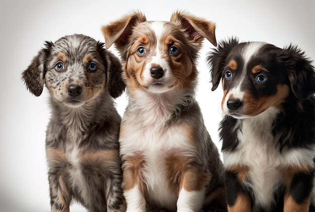 On a white backdrop three adorable dogs are shown