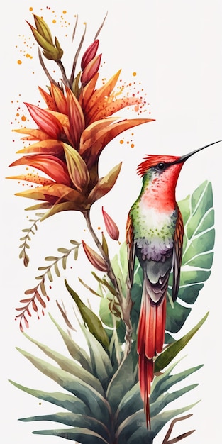 On a white backdrop a tropical bromeliad plant with painted red leaves and a hummingbird