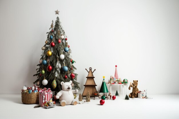 A white backdrop with a Christmas tree and toys