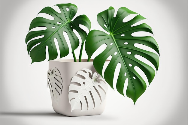 White backdrop with an isolated Monstera Delicia plant in a white platic container