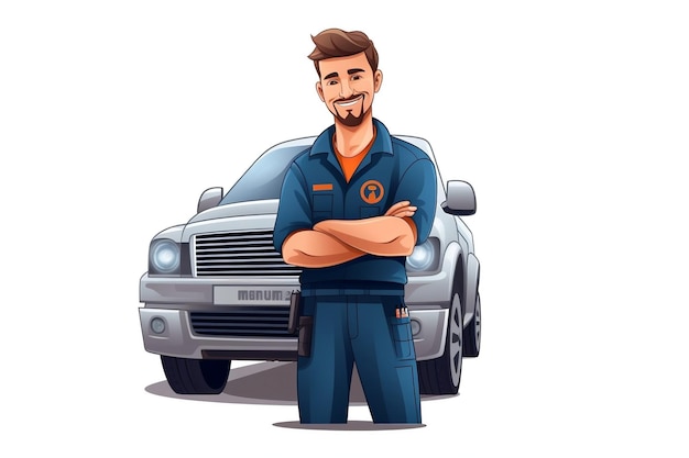 White Background 2D Vector Proficient Man Working as a Car Mechanic Generative AI