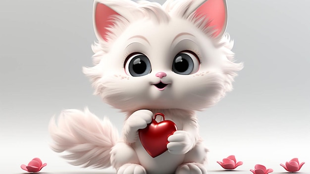 Фото Белый фон милая белая кошка с большим красным сердцем валентина