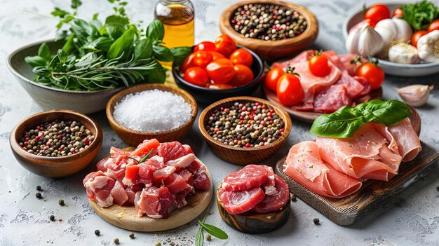 Photo on the white background are the ingredients for the meat sala