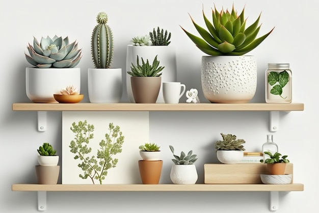 A white background banner advertising a furniture company with shelves that are unusually colored and pots filled with fake flowers Copy space Indoors Straight shelves Succulents used as decor